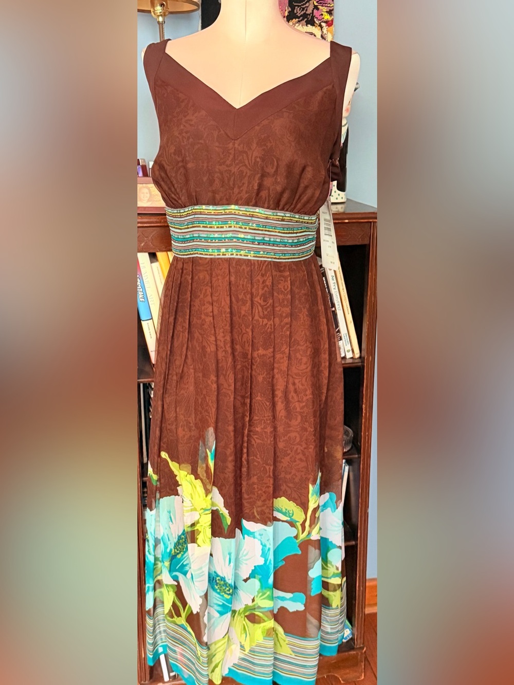 Signature by Robbie Bee Brown Midi Dress with Teal & Yellow Accents